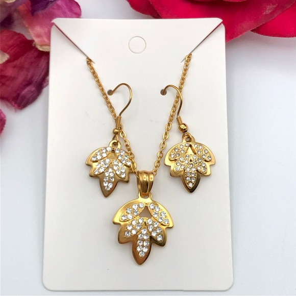 Gold Tone Leaf Pave Dangle Earrings And Pendant Necklace Jewelry Set Demi Parure - Picture 5 of 9